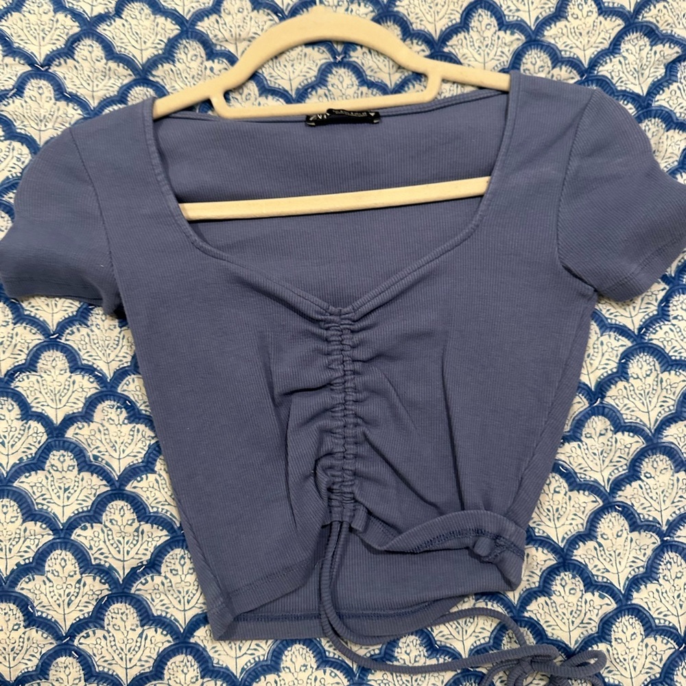 zara blue ruched tie crop top